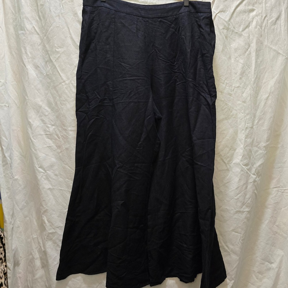 Anthropologie Black Linen Viscose Wide Leg Flare Pants Size 16
